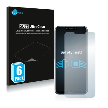 Vorderseite einer Produktverpackung mit dem Markenlogo Savvies. Daneben ist das Gerät Honor Play mit dem zugehörigen Displaysc