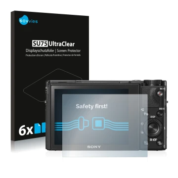 Vorderseite einer Produktverpackung mit dem Markenlogo Savvies. Daneben ist das Gerät Sony Cyber-Shot DSC-RX100 VI mit dem zug