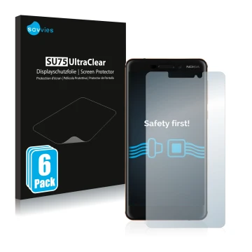 Vorderseite einer Produktverpackung mit dem Markenlogo Savvies. Daneben ist das Gerät Nokia 6.1 mit dem zugehörigen Displaysch