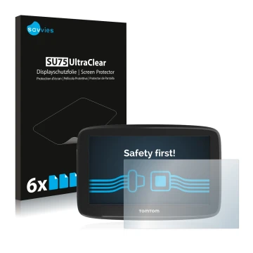 Vorderseite einer Produktverpackung mit dem Markenlogo Savvies. Daneben ist das Gerät TomTom GO Basic (6