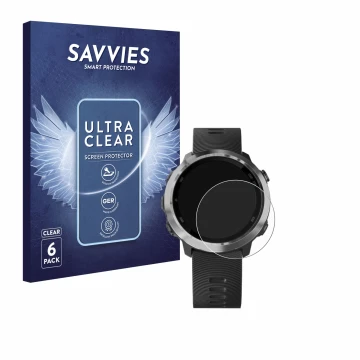Vorderseite einer Produktverpackung mit dem Markenlogo Savvies. Daneben ist das Gerät Garmin Forerunner 645 Music mit dem zuge