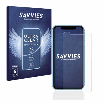 Vorderseite einer Produktverpackung mit dem Markenlogo Savvies. Daneben ist das Gerät Apple iPhone XR mit dem zugehörigen Disp