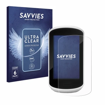 Vorderseite einer Produktverpackung mit dem Markenlogo Savvies. Daneben ist das Gerät Garmin Edge Explore 2018 mit dem zugehör