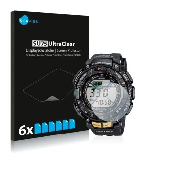 Vorderseite einer Produktverpackung mit dem Markenlogo Savvies. Daneben ist das Gerät Casio Pro Trek PRG-240-1ER mit dem zugeh