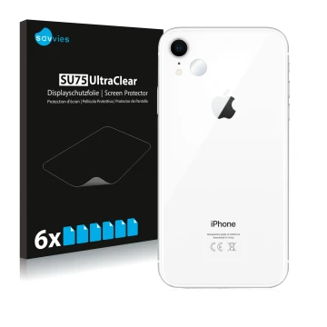 Vorderseite einer Produktverpackung mit dem Markenlogo Savvies. Daneben ist das Gerät Apple iPhone XR (NUR Kameraschutz) mit d