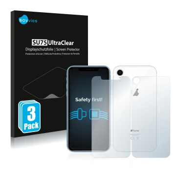 Vorderseite einer Produktverpackung mit dem Markenlogo Savvies. Daneben ist das Gerät Apple iPhone XR (Display+Rückseite) mit 