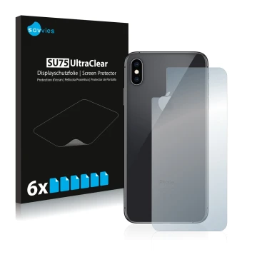 Vorderseite einer Produktverpackung mit dem Markenlogo Savvies. Daneben ist das Gerät Apple iPhone Xs Max (Rückseite) mit dem 