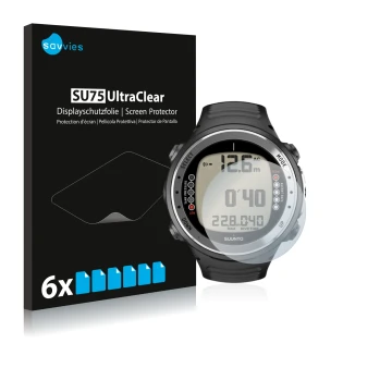 Vorderseite einer Produktverpackung mit dem Markenlogo Savvies. Daneben ist das Gerät Suunto D4I mit dem zugehörigen Displaysc