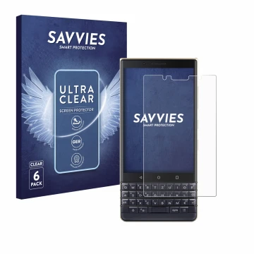Vorderseite einer Produktverpackung mit dem Markenlogo Savvies. Daneben ist das Gerät BlackBerry Key2 LE mit dem zugehörigen D