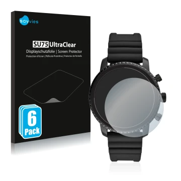 Vorderseite einer Produktverpackung mit dem Markenlogo Savvies. Daneben ist das Gerät Fossil Q Explorist HR (4.Gen) mit dem zu