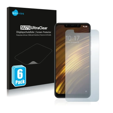 Vorderseite einer Produktverpackung mit dem Markenlogo Savvies. Daneben ist das Gerät Xiaomi Pocophone F1 mit dem zugehörigen 