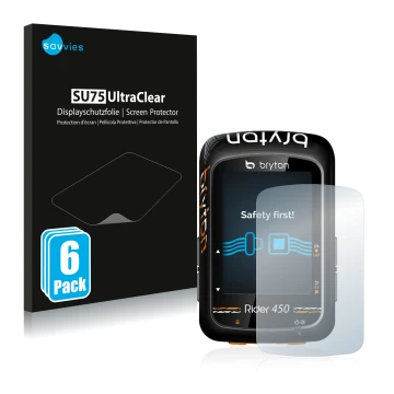 Vorderseite einer Produktverpackung mit dem Markenlogo Savvies. Daneben ist das Gerät Bryton Rider 450 mit dem zugehörigen Dis