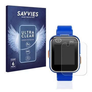 Vorderseite einer Produktverpackung mit dem Markenlogo Savvies. Daneben ist das Gerät Vtech Kidizoom Smart Watch DX2 mit dem z