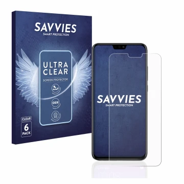 Vorderseite einer Produktverpackung mit dem Markenlogo Savvies. Daneben ist das Gerät Honor 8X mit dem zugehörigen Displayschu