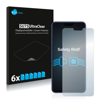 Vorderseite einer Produktverpackung mit dem Markenlogo Savvies. Daneben ist das Gerät Xiaomi Mi 8 Lite mit dem zugehörigen Dis