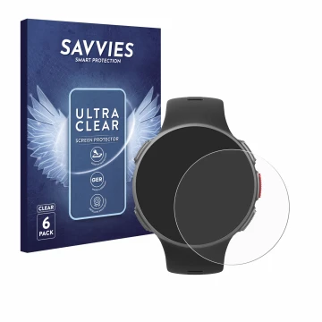 Vorderseite einer Produktverpackung mit dem Markenlogo Savvies. Daneben ist das Gerät Polar Vantage V mit dem zugehörigen Disp