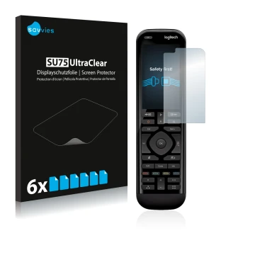 Vorderseite einer Produktverpackung mit dem Markenlogo Savvies. Daneben ist das Gerät Logitech Harmony Elite mit dem zugehörig