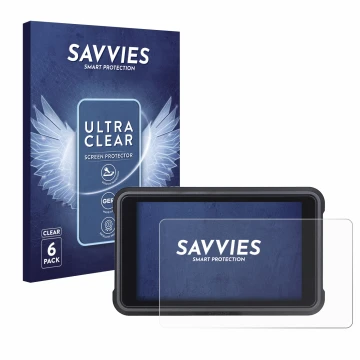 Vorderseite einer Produktverpackung mit dem Markenlogo Savvies. Daneben ist das Gerät Atomos Ninja V mit dem zugehörigen Displ