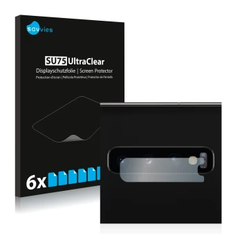 Vorderseite einer Produktverpackung mit dem Markenlogo Savvies. Daneben ist das Gerät Samsung Galaxy S10 (NUR Kameraschutz) mi