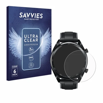 Vorderseite einer Produktverpackung mit dem Markenlogo Savvies. Daneben ist das Gerät Huawei Watch GT (46 mm) 2018 mit dem zug