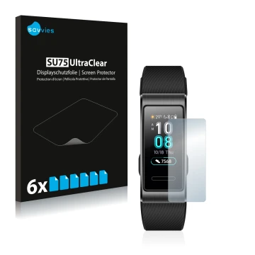 Vorderseite einer Produktverpackung mit dem Markenlogo Savvies. Daneben ist das Gerät Huawei Band 3 Pro mit dem zugehörigen Di