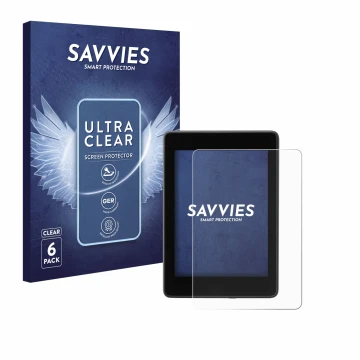 Vorderseite einer Produktverpackung mit dem Markenlogo Savvies. Daneben ist das Gerät Amazon Kindle Paperwhite 2018 (10. Gen.)