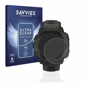 Vorderseite einer Produktverpackung mit dem Markenlogo Savvies. Daneben ist das Gerät Garmin Instinct mit dem zugehörigen Disp