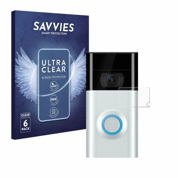 Vorderseite einer Produktverpackung mit dem Markenlogo Savvies. Daneben ist das Gerät Ring Doorbell 2 (Linse) mit dem zugehöri