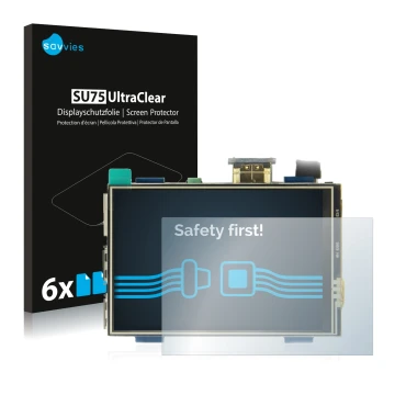 Vorderseite einer Produktverpackung mit dem Markenlogo Savvies. Daneben ist das Gerät Raspberry Pi Touchscreen (3.5