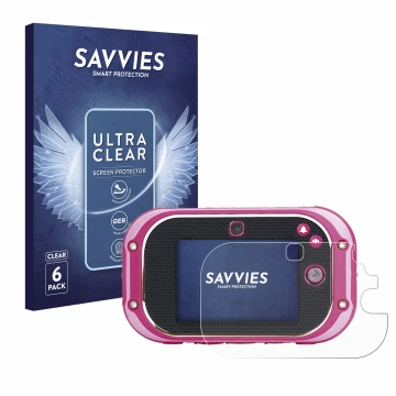 Vorderseite einer Produktverpackung mit dem Markenlogo Savvies. Daneben ist das Gerät Vtech Kidizoom Touch 5.0 2018 mit dem zu