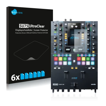 Vorderseite einer Produktverpackung mit dem Markenlogo Savvies. Daneben ist das Gerät Rane Seventy-Two mit dem zugehörigen Dis