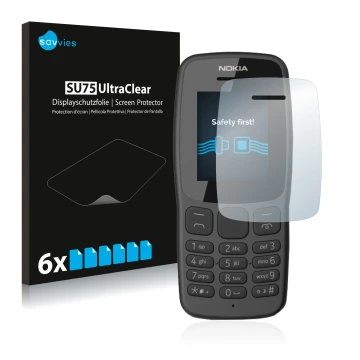 Vorderseite einer Produktverpackung mit dem Markenlogo Savvies. Daneben ist das Gerät Nokia 106 2018 mit dem zugehörigen Displ