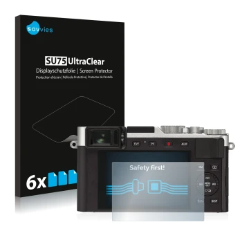 Vorderseite einer Produktverpackung mit dem Markenlogo Savvies. Daneben ist das Gerät Leica D-Lux 7 mit dem zugehörigen Displa