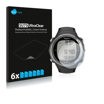 Vorderseite einer Produktverpackung mit dem Markenlogo Savvies. Daneben ist das Gerät Suunto D4F mit dem zugehörigen Displaysc