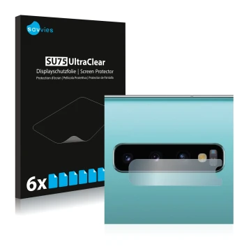 Vorderseite einer Produktverpackung mit dem Markenlogo Savvies. Daneben ist das Gerät Samsung Galaxy S10 Plus (NUR Kameraschut
