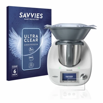 Vorderseite einer Produktverpackung mit dem Markenlogo Savvies. Daneben ist das Gerät Vorwerk Bimby TM5 mit dem zugehörigen Di