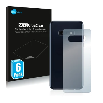 Vorderseite einer Produktverpackung mit dem Markenlogo Savvies. Daneben ist das Gerät Samsung Galaxy S10e (Rückseite) mit dem 