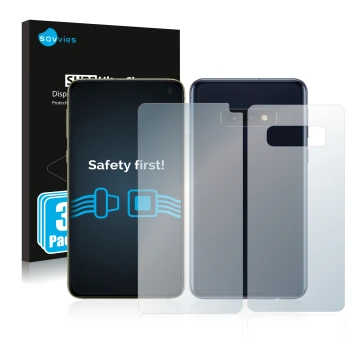 Vorderseite einer Produktverpackung mit dem Markenlogo Savvies. Daneben ist das Gerät Samsung Galaxy S10e (Display+Rückseite) 