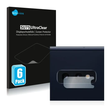 Vorderseite einer Produktverpackung mit dem Markenlogo Savvies. Daneben ist das Gerät Samsung Galaxy S10e (NUR Kameraschutz) m