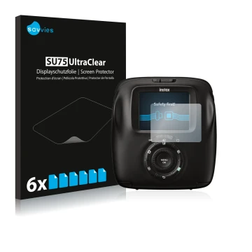 Vorderseite einer Produktverpackung mit dem Markenlogo Savvies. Daneben ist das Gerät Fujifilm Instax Square SQ20 mit dem zuge