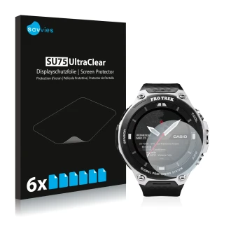 Vorderseite einer Produktverpackung mit dem Markenlogo Savvies. Daneben ist das Gerät Casio Pro Trek Smart WSD-F20 mit dem zug