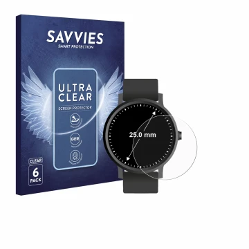 Vorderseite einer Produktverpackung mit dem Markenlogo Savvies. Daneben ist das Gerät Kreisrunde Displays (ø: 25 mm) mit dem z