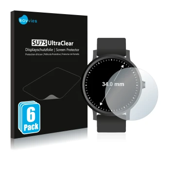 Vorderseite einer Produktverpackung mit dem Markenlogo Savvies. Daneben ist das Gerät Kreisrunde Displays (ø: 34 mm) mit dem z