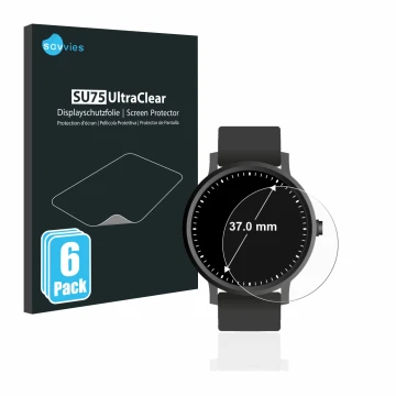 Vorderseite einer Produktverpackung mit dem Markenlogo Savvies. Daneben ist das Gerät Kreisrunde Displays (ø: 37 mm) mit dem z