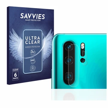 Vorderseite einer Produktverpackung mit dem Markenlogo Savvies. Daneben ist das Gerät Huawei P30 Pro (NUR Kameraschutz) mit de