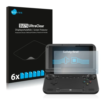 Vorderseite einer Produktverpackung mit dem Markenlogo Savvies. Daneben ist das Gerät GPD XD Plus 7.0 mit dem zugehörigen Disp