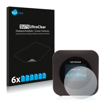 Vorderseite einer Produktverpackung mit dem Markenlogo Savvies. Daneben ist das Gerät Netgear Nighthawk M1 mit dem zugehörigen