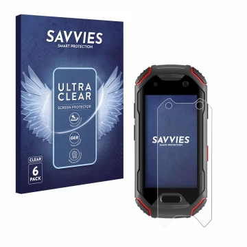 Vorderseite einer Produktverpackung mit dem Markenlogo Savvies. Daneben ist das Gerät Unihertz Atom mit dem zugehörigen Displa