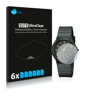 Vorderseite einer Produktverpackung mit dem Markenlogo Savvies. Daneben ist das Gerät Casio Unisex MQ-24 mit dem zugehörigen D