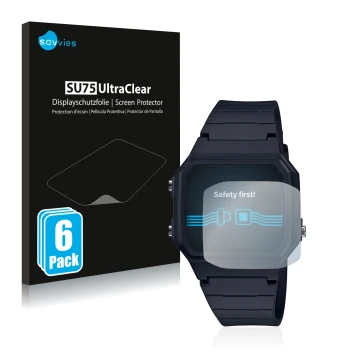 Vorderseite einer Produktverpackung mit dem Markenlogo Savvies. Daneben ist das Gerät Casio Unisex A168WA-1YES mit dem zugehör